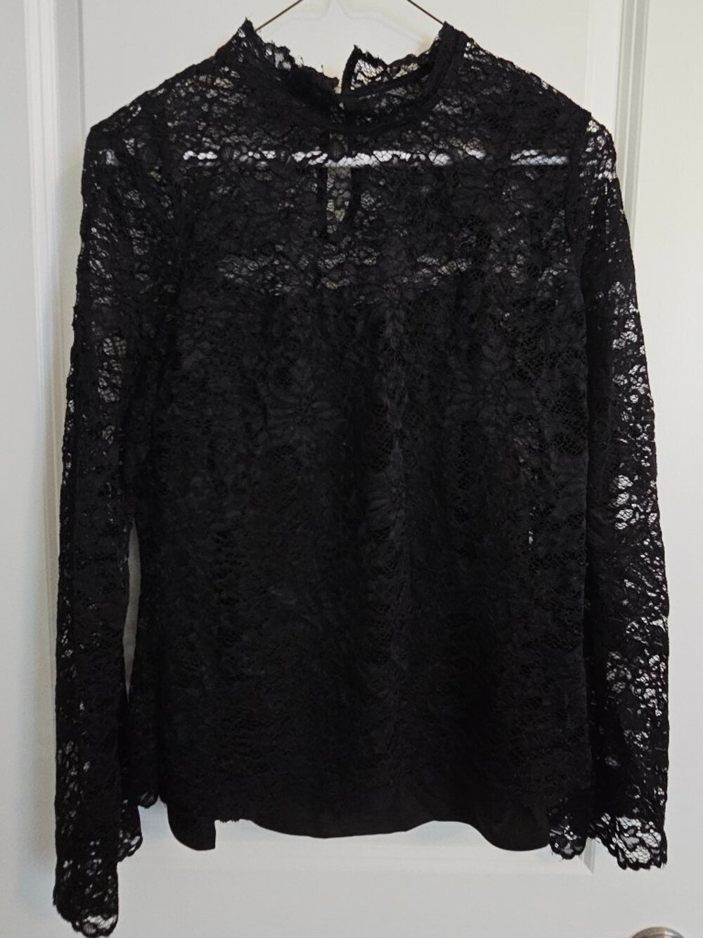 Black Sheer Floral Lace Long Sleeve Top - Mock Neck, Keyhole Back M